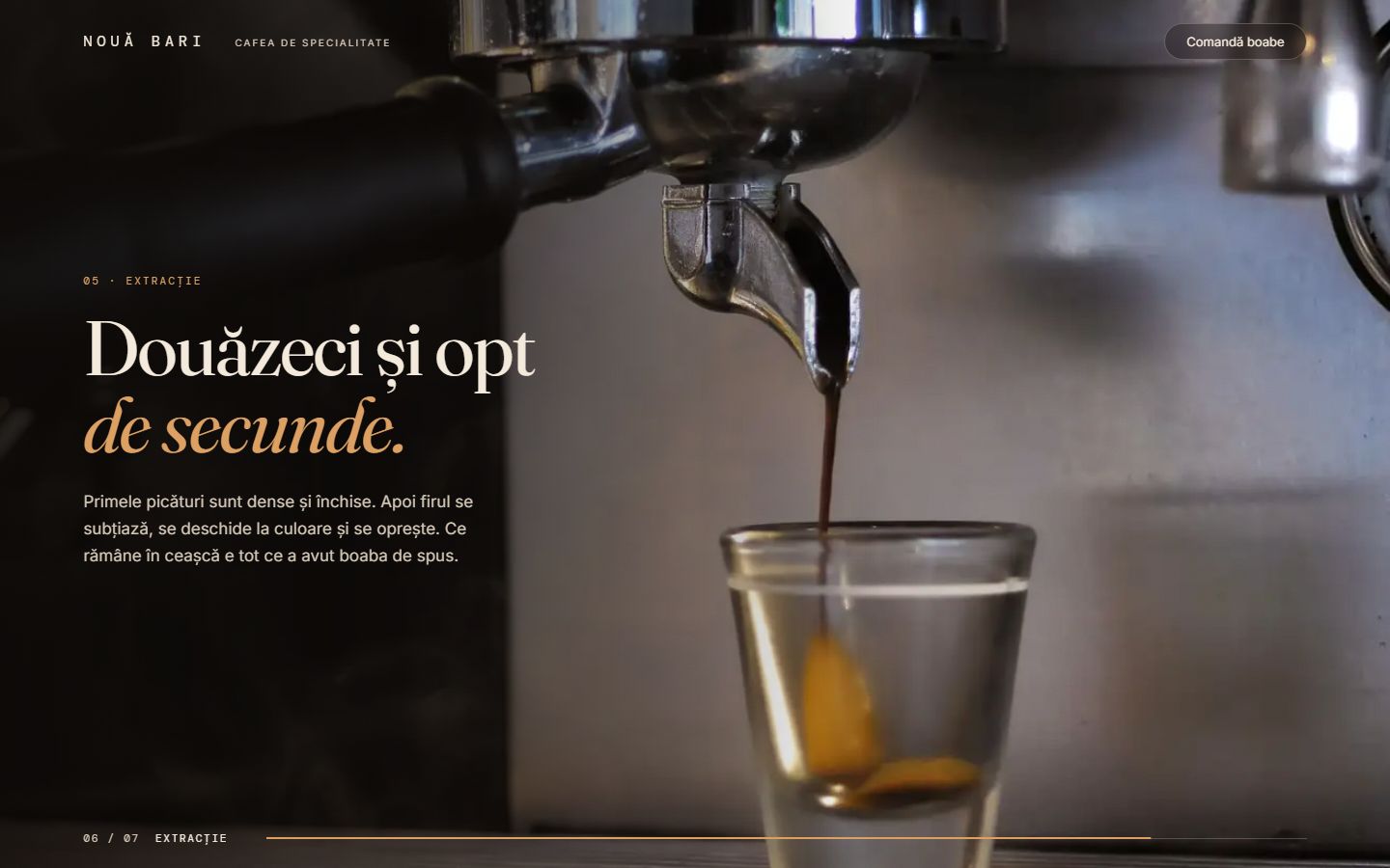 Nouă Bari: espresso curgând într-un pahar, lângă titlul „Douăzeci și opt de secunde”